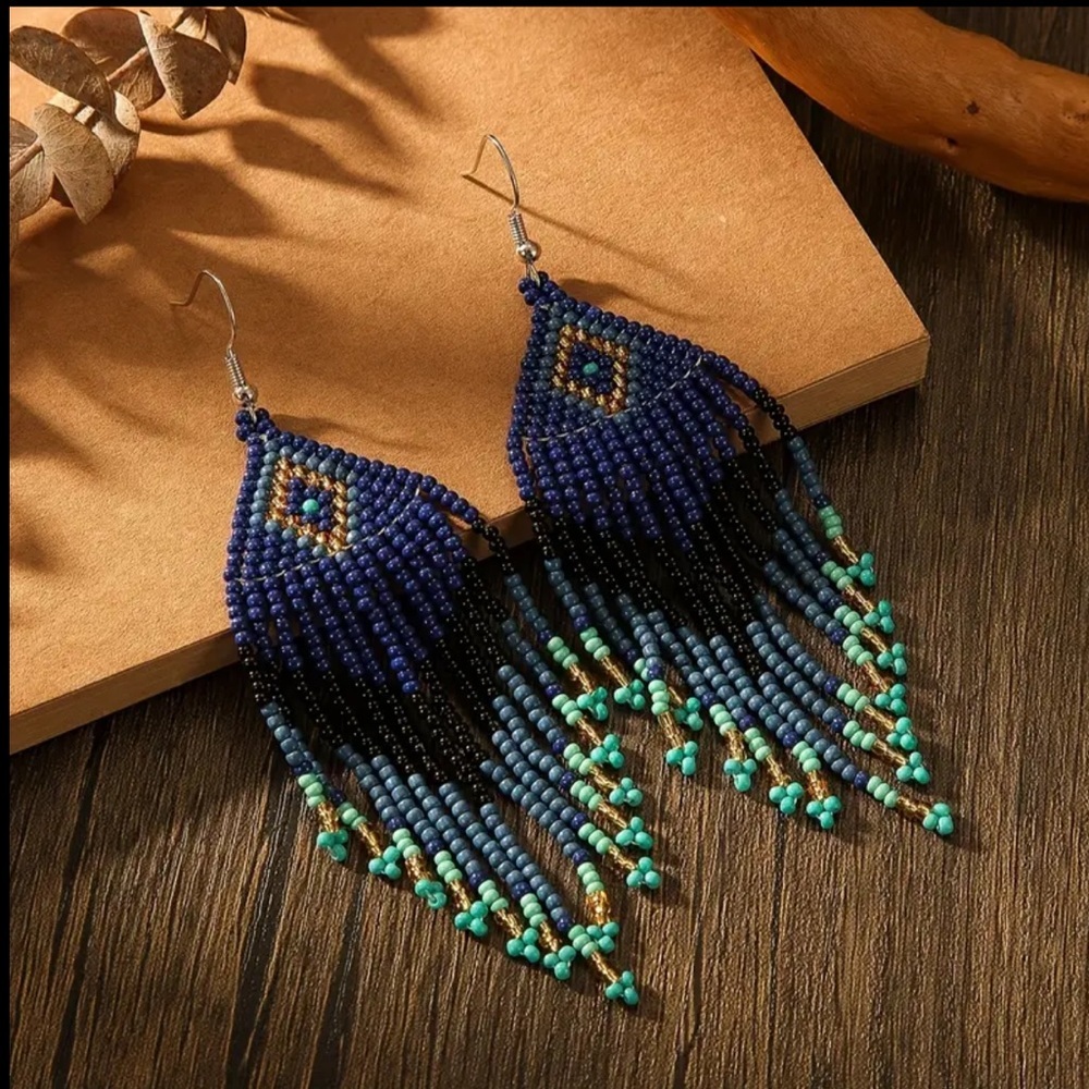Blue Diamond-Shaped Beaded Tassel Earrings